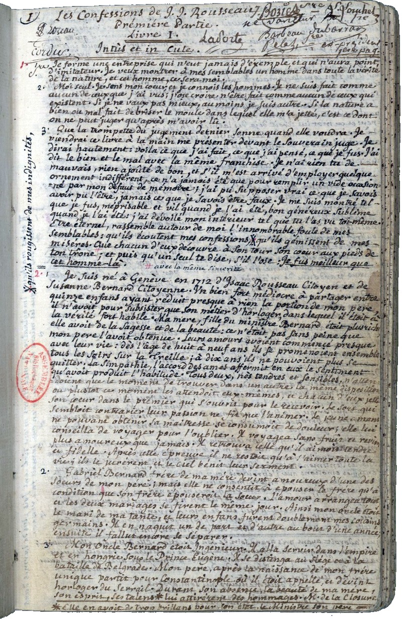 Manuscrit des Confessions de Rousseau. Source gallica.bnf.fr  Bibliothèque nationale de France.